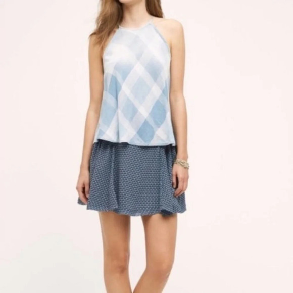 Anthropologie Cloth and Stone Sky Halter Tank Top Plaid Checkered Gauze Blue XS - Picture 7 of 16